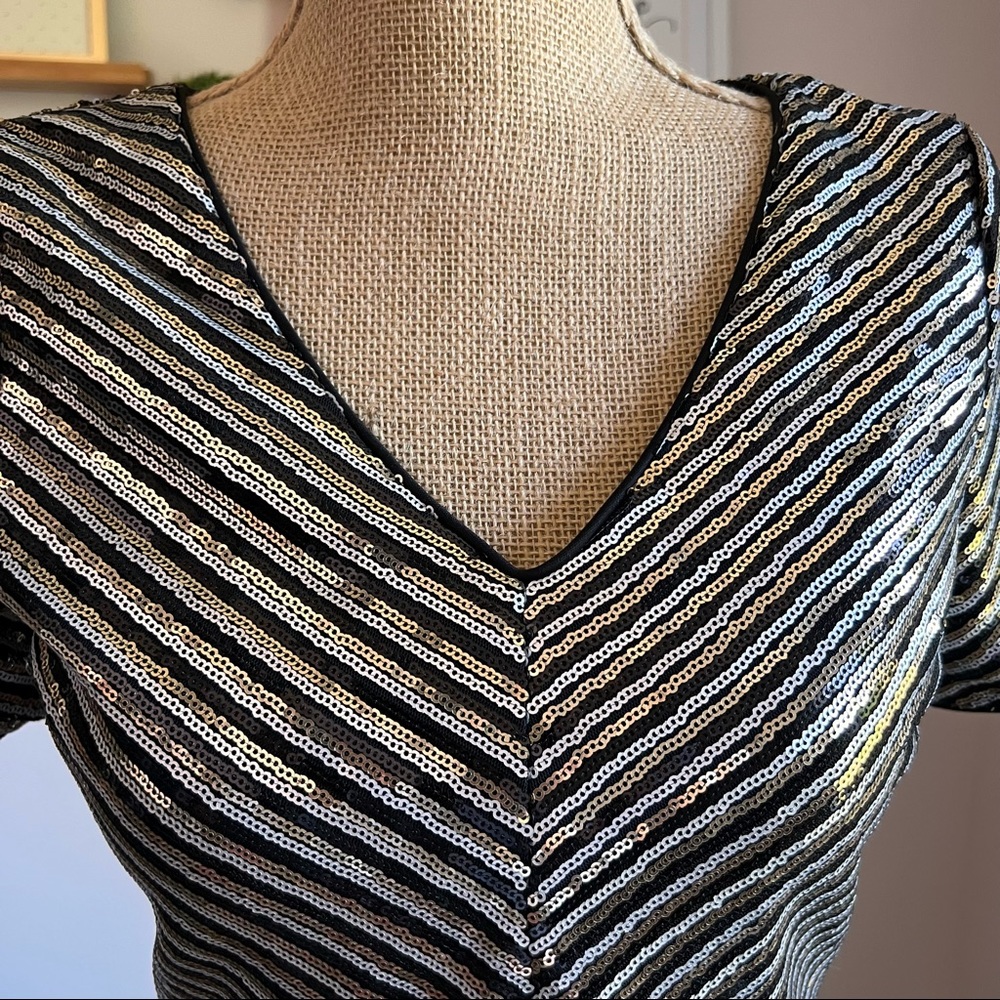 Lulu’s Black Gold Silver Striped Sequin Mini Dress - Picture 13 of 16